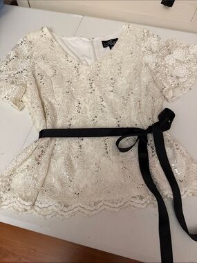Alex Evenings Ivory Lace Sequin Peplum Top with Black Ribbon